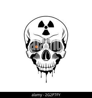 Menschlicher Schädel mit Strahlungszeichen. Grunge Druckvorlage. Vektorgrafik Stock Vektor