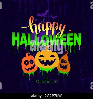 Fröhliches halloween-Textbanner mit Kürbissen und Fledermäusen. Vektorgrafik. Stock Vektor