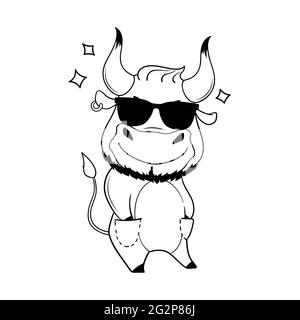 Coole Cartoon-Stier in Sonnenbrille, Hände in Taschen. Symbol von 2021. Vektorgrafik. Stock Vektor