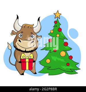 Cooler Stier mit Geschenk in den Händen in der Nähe des Weihnachtsbaums. Cartoon-Symbol von 2021. Vektorgrafik. Stock Vektor