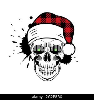 Vektor Totenkopf mit Weihnachtsmann Hut. Weihnachten 2020. Malen Sie Spritzer und Tropfen auf weißem Hintergrund. Grunge Vektordarstellung. Stock Vektor