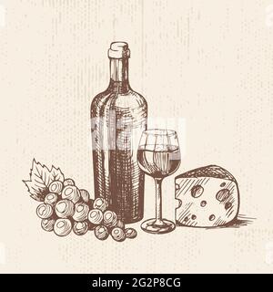 Handgezogene Flasche Wein mit einem Glas, Trauben und einem Stück Käse. Vektorskizze, Illustration für Bio-Lebensmittel. Stock Vektor