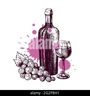 Handgezogene Flasche Wein mit einem Glas und einer Traube. Skizze für die Getränkekarte des Restaurants. Vektorgrafik Lebensmittel. Stock Vektor