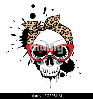 Totenkopf mit rot leuchtenden Augen, Spritzern und Farbtropfen auf weißem Hintergrund. Grunge Vektordarstellung Stock Vektor