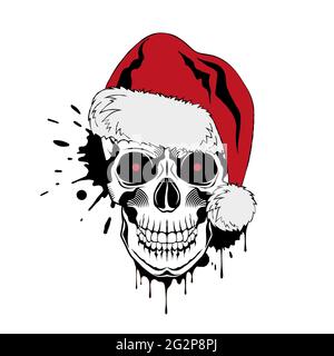 Vektorschädel mit Weihnachtsmütze, roten Augen und Tintentropfen. Stock Vektor