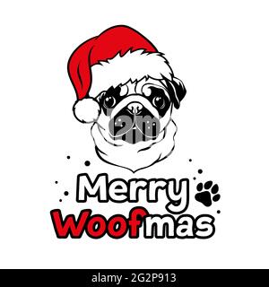 Süßer Mops mit rotem Weihnachtsmann-Hut. Weihnachten Mops Hund Porträt. Fröhliche Woofmas Text. Vektorgrafik. Stock Vektor