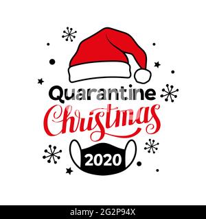 Quarantäne Weihnachten 2020. Lustige Grußkarte mit Weihnachtsmütze und medizinischer Gesichtsmaske. Quarantäne-Feiertage, Vektordarstellung. Stock Vektor