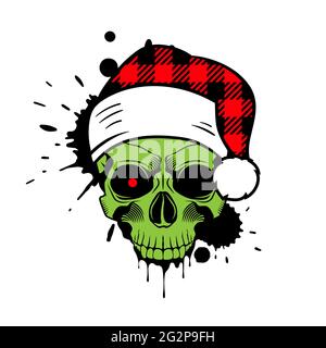 Grüner Totenkopf mit Weihnachtsmütze. Weihnachten 2020. Spritzer und Tropfen Farbe. Grunge Vektordarstellung. Stock Vektor