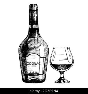 Handgezeichnete Flasche Cognac mit einem Glas. Vektorgrafik, Farbskizze. Stock Vektor