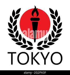 Schwarzer Fackel roter Kreis und Lorbeerkranz schwarz auf weißem Hintergrund mit der Aufschrift Tokyo. Creative Poster Willkommen in Japan. Für Logo, Postkarte, Stock Vektor