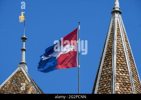 Flagge des Kantons Waadt auf dem Dach des Schlosses in Nyon, Kanton Waadt schweiz Stockfoto