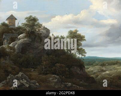 Jacob Van Ruisdael - Landschaft mit Häusern auf einem Rocky Hill mit Blick auf eine Ebene dahinter Stockfoto