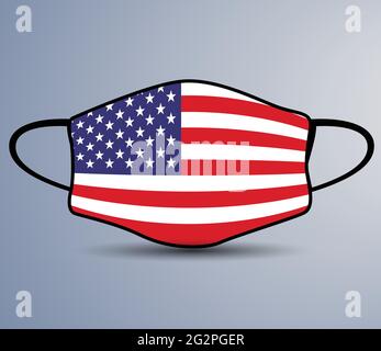Coronavirus in den Vereinigten Staaten. Grafik der OP-Maske mit amerikanischer Flagge. (2019-nCoV oder CoVid-19). Medizinische Gesichtsmaske als Konzept des Coronavirus-Quarans Stock Vektor