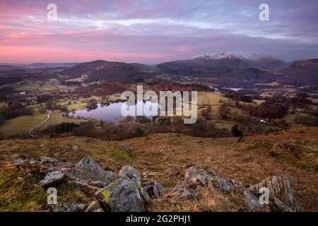 Wunderschöner rosa und lila Sonnenaufgang über Loughrigg Tarn im Lake District, Großbritannien. Stockfoto