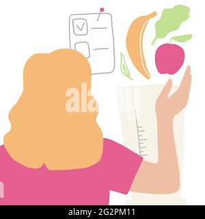 Zurückstehende Frau kocht Apfelbananensalat-Smoothies im Mixer mit Checkliste zur Selbstpflege. Vegane Heilung hausgemachte Vitamin-Shake einfach flach mult Stock Vektor