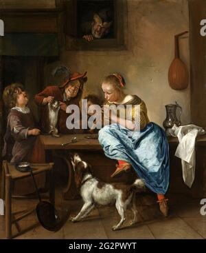 Jan Steen - Kinder, die eine Katze zum Tanzen unterrichten, bekannt als Tanzstunde Stockfoto