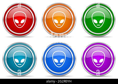 Alien Face silber metallic glänzende Icons, Set von modernen Design-Tasten für Web-, Internet- und mobile Anwendungen in 6 Farben Optionen isoliert auf weiß Stockfoto