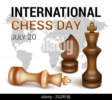 Banner International Chess Day. Schwarzer König der Stücke und weißer König besiegt. Die Figur eines schwarzen Pferdes. 3D realistischer Stil. vektor Stock Vektor