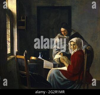 Jan Vermeer Van Delft - Mädchen unterbrochen bei ihrer Musik Stockfoto