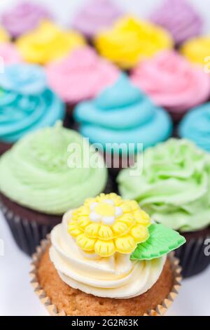 Cupcakes oder Cupcakes mit Glasur oder Zuckerguss, rosa, gelbe Blumen und Creme mit grünen Blättern und floralen Dekorationen, fotografiert auf einer weißen Backgrou Stockfoto