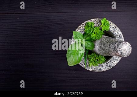 Frische Kräuter in einem Steinmörtel auf einem schwarzen Holztisch Stockfoto