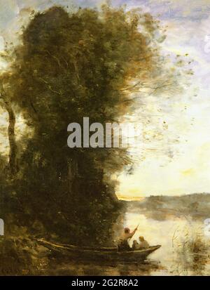 Jean-Baptiste-Camille Corot - Boatman Left Bank mit Frau Kind sitzt sein Boot Sonnenuntergang Stockfoto