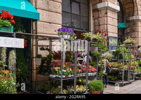 Außenansicht eines Blumenladens des alten orientalischen Marktes im Stadtzentrum von Genua, Ligurien, Italien Stockfoto