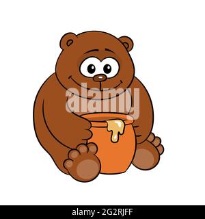 Lustiger Bär mit einem Topf Honig auf weißem Hintergrund. Auf seinem Gesicht sitzt ein Lächeln auf dem Boden. Vektorgrafik Cartoon isolierte Illustration Stock Vektor