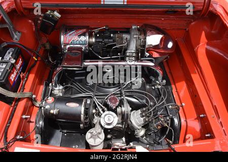 Der Motor eines Chevrolet Corvair Monza Spyder. Stockfoto