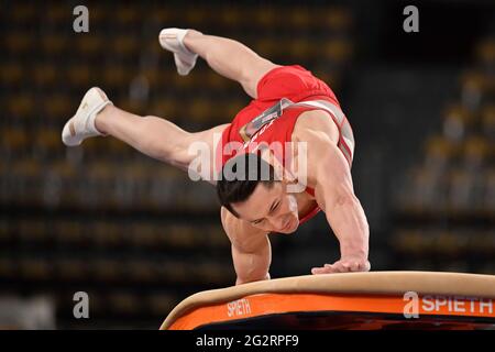 München, Deutschland. Juni 2021. Andreas TOBA (GER), Action, Sprung. Rund um Männer. Gymnastik 2. Olympia-Qualifikation in München am 12. Juni 2021. Kredit: dpa/Alamy Live Nachrichten Stockfoto