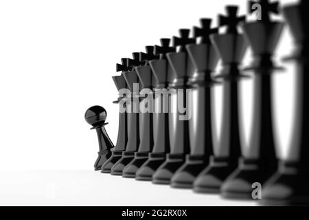 Der Schachpfand späht am Ende einer Schlange von Königen aus. Konzept für die Stellenwerbung. 3d-Illustration. Stockfoto