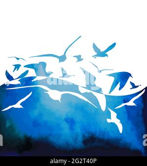 Abstrakter Hintergrund mit fliegenden Möwen. Vektorgrafik Stock Vektor