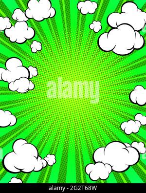 Pop Art vertikale Bannervorlage. Präsentation Ihres Produkts. Grüner Hintergrund mit radialen Strahlen und Wolken. Vektorgrafik. Stock Vektor