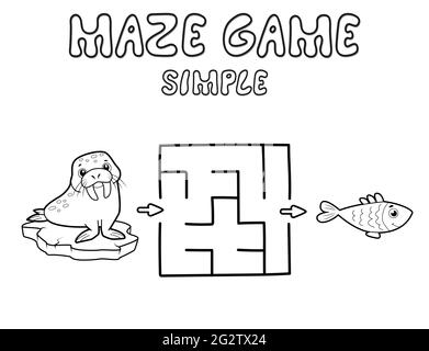 Einfache Labyrinth Puzzle-Spiel für Kinder. Skizzieren Sie einfache Labyrinth oder Labyrinth-Spiel mit Walrus. Vektorgrafiken Stock Vektor
