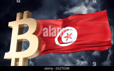 Goldbitcoin Kryptowährung mit einer wehenden tunesischen Flagge. 3D-Rendering Stockfoto