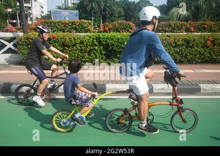 Jakarta. Mai 2021. Radfahrer fahren am 30. Mai 2021 auf der Sudirman-Straße in Jakarta, Indonesien, auf einer Fahrradspur. Die Regierung von Jakarta plant, weitere spezielle Fahrradwege in der ganzen Stadt hinzuzufügen, nachdem sie im Zuge der Pandemie über 60 km ausgewiesen hat. Es ist geplant, die Straßen der Stadt für alle sicher und zugänglich zu machen. Vor kurzem sagte Gouverneur Anies Baswedan, dass er geplant habe, 500 km Radwege zu schaffen, die seiner Meinung nach eine ideale Länge von Radwegen in der Stadt sind. Quelle: Veri Sanovri/Xinhua/Alamy Live News Stockfoto