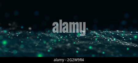 Abstrakt grün futuristische Technologie Big Data digitalen Hintergrund. Netzwerkverbindungsstruktur und Drahtmodell-Partikelwelle mit niedriger Poly-Form. Stockfoto