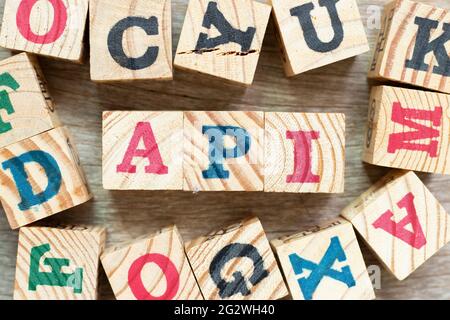 Buchstabenblock im Wort API (Abkürzung für Application Programming Interface oder Active Pharmaceutical Ingredient) mit einem anderen auf Holz-Backgro Stockfoto