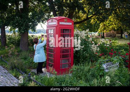 13.06.2019, Reinickendorf, Tegel, Berlin, Deutschland, Europa - EINE Frau fotografiert eine auslaufende, typische rote britische Telefondose (K6). Stockfoto