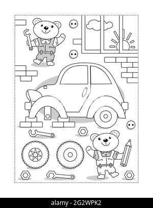 Malseite mit Bär Mechaniker Reparatur des Autos Stockfoto