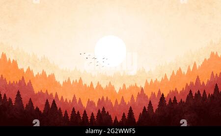 Grunge Aquarell-Illustration eines Waldes in rot-braun-beige Farbe. Hintergrund der Hügel bei Sonnenuntergang in Erdtönen. Stockfoto