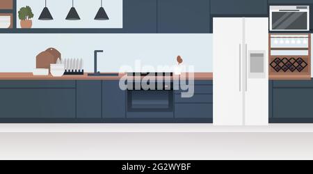 Moderne Küche Innenraum leer keine Leute Haus Zimmer mit Möbeln Horizontal Stock Vektor