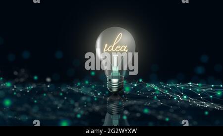 Glühbirne mit dem Wort Idee auf digitale Business-Technologie Hintergrund. Business Bright Idea, Creative und Innovation Inspiration Konzept. Stockfoto