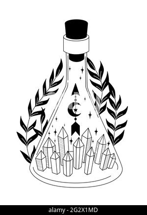 Magische Flasche. Hexerei. Fläschchen mit Kristallen, Blättern, Sternen. Gothic-Style. Vektor-Schwarz-Weiß-Illustration. Esoterisches Symbol. Tattoo, Logo, Kunst Stock Vektor