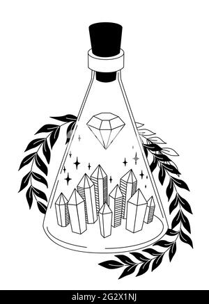 Magische Flasche. Hexerei. Fläschchen mit Kristallen, Blättern, Sternen. Gothic-Style. Vektor-Schwarz-Weiß-Illustration. Esoterisches Symbol. Tattoo, Logo, Kunst Stock Vektor