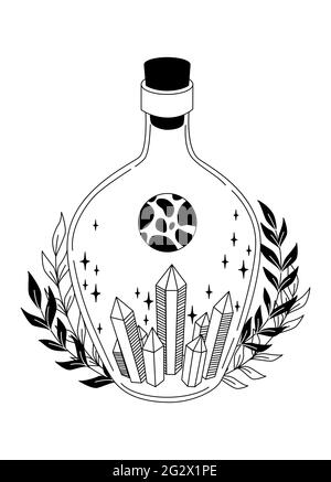 Magische Flasche. Hexerei. Fläschchen mit Kristallen, Blättern, Sternen. Gothic-Style. Vektor-Schwarz-Weiß-Illustration. Esoterisches Symbol. Tattoo, Logo, Kunst Stock Vektor