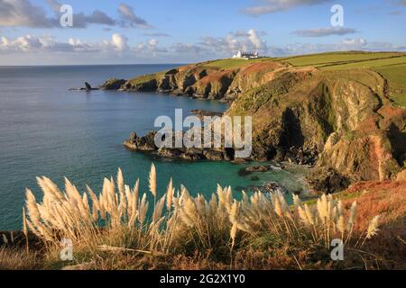 Lizard Lighthouse in Cornwall, aufgenommen vom South West Coast Path über Housel Bay. Stockfoto