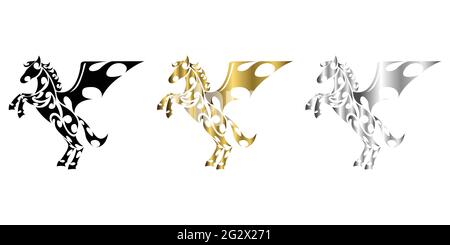 Dreifarbig schwarz Gold silber Linienkunstvektor von Pferd mit Vorderbeinen angehoben geeignet für die Verwendung als Dekoration oder Logo Stock Vektor