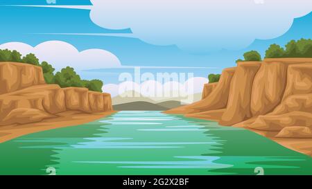 Die Abbildung einer Ansicht des Flusses auf der Seite ist felsig. Und es gibt Berge auf dem Rücken Es war ein Tag, an dem der Himmel klar war, die Atmosphäre war b Stock Vektor