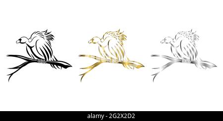 Vektor Linie Kunst Illustration dreifarbig schwarz Gold Silber eines Geiers Es steht auf einem toten Baum, um auf das Opfer zu warten Stock Vektor
